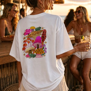 [Local Stock] HBESTY  Colorful Mushroom Frog Star Print Crew Neck Short Sleeve T Shirt Whimsical Casual Funny Outdoors High Quality Cotton Short-sleev