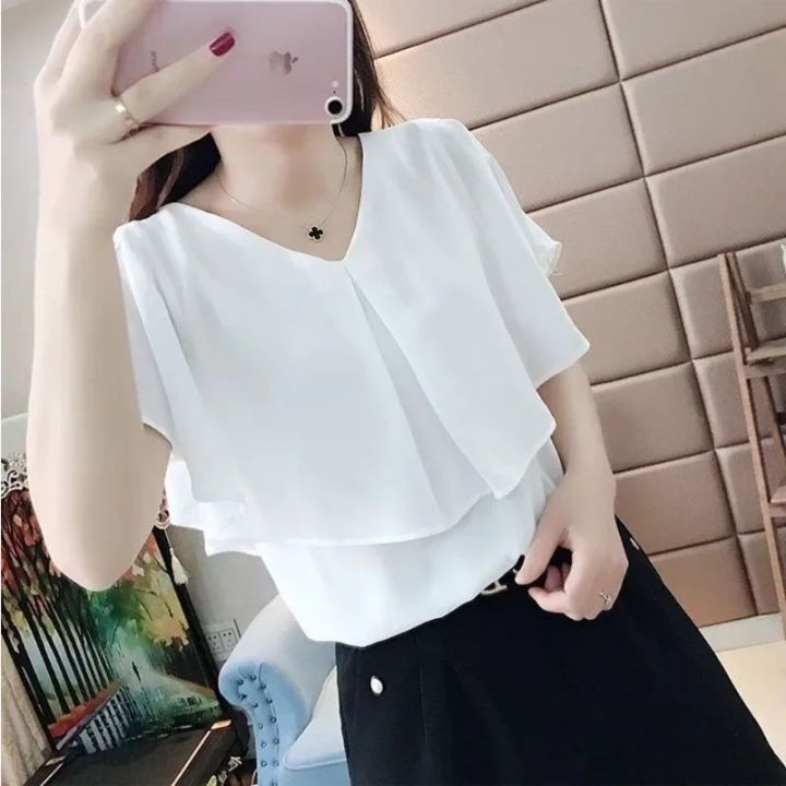 Solid Chiffon Blouse for Women Summer Korean Style Female Clothing Casual  Oversized V-neck Batwing Sleeve Versatile Lady Shirt