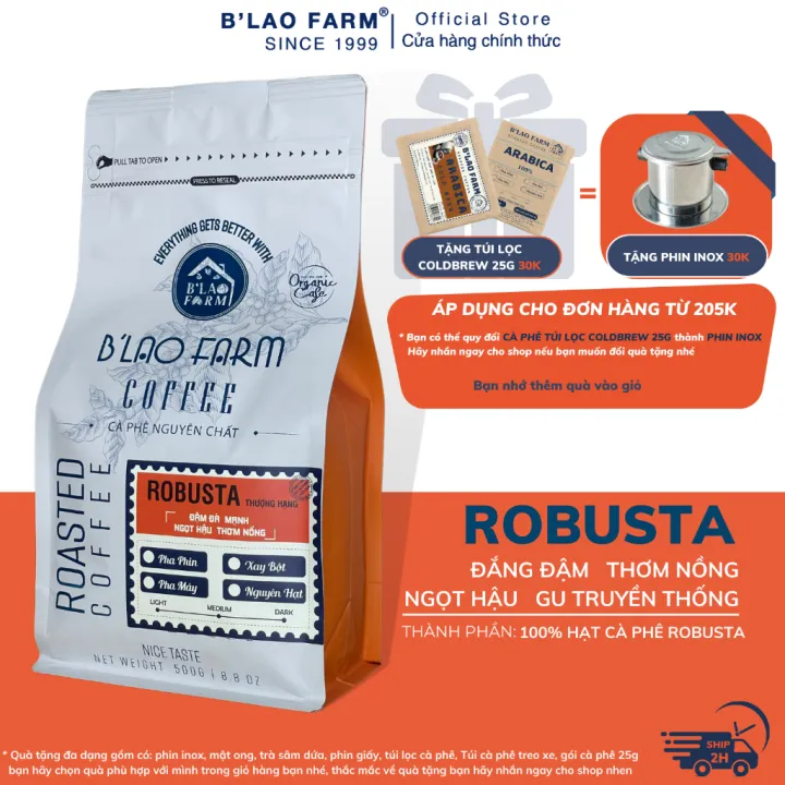 Cà phê Robusta 100% rang mộc B'Lao Farm - Đắng đậm, thơm nồng, gu truyền thống dành cho pha phin & pha máy túi zip ZC1