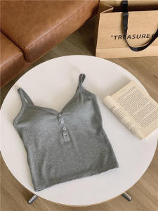 Korean V-Neck Button Tank Top Fashion Women Padded Top Sleeveless Camisole Top