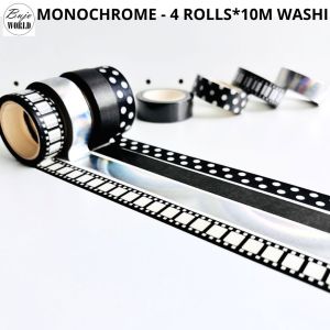 BujoWorld MONOCHROME Pack 4 rolls 10m Washi Decorative Adhesive Tape Black Silver Film Dots Strip  Bullet Journal Photo album Gift wrapping DIY Planner