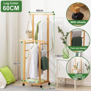 RRH Bamboo Clothes Hanging Rack 80/100cm Coat Hanger Pole Organizer Bedroom Wardrobe Simple Storage With wheel