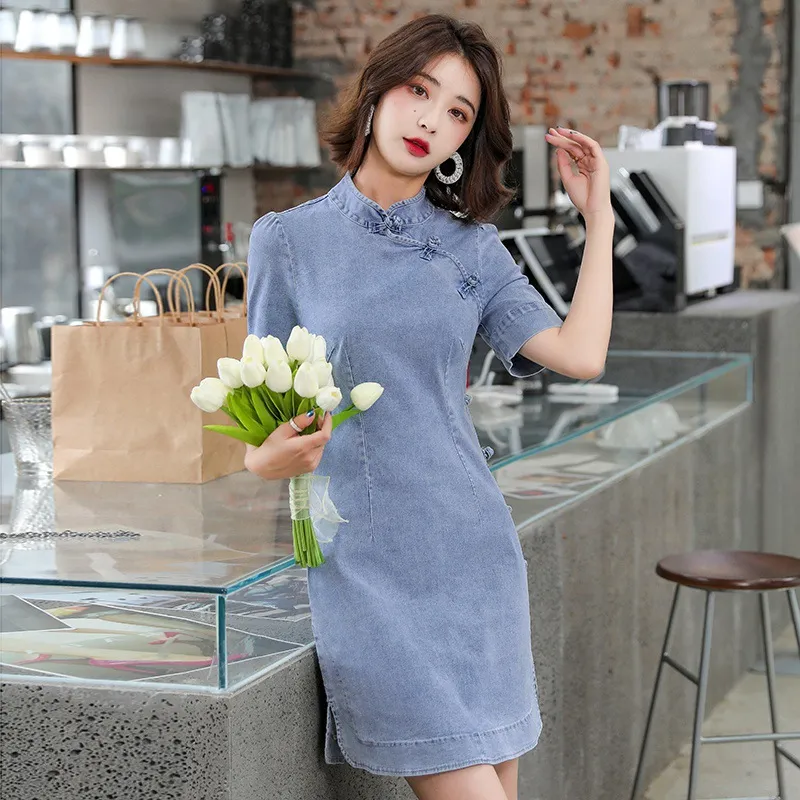 white christmas dresses MO&Co. Women's Cheongsam Denim Mini Dress Blue Size L main image 1