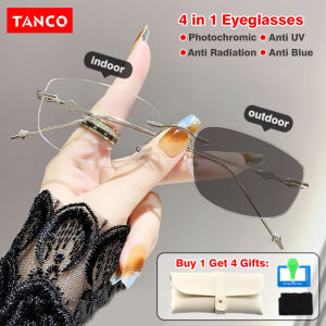 TANCO 6026P Auto Change Color Nearsighted Glasses for Women Rimless Style Photochromic Myopia Glasses Anti Blue Light UV400 Eyeglasses with Glasses Case
