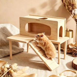 CANICECA Easy To Install Ladder Platform Wooden L-shaped Hamster Playground Cage Decor Hamster Shelter House for Small Pets
