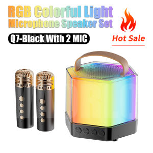 VAORLO New Q7 Wireless Dual Microphones Karaoke Machine KTV DSP System Bluetooth 5.3 PA Speaker HIFI Stereo Surround With RGB Colorful LED Lights Support TF Card Play 3.5 AUX Headphone Monitoring For Birthday/Christmas/Home Party/Kids Gift