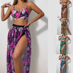 3 Pcs Bathing Suit for Women Fashion Push Up Swimsuit Female Swimming Costume Set Flower Print Swimwear Beachwear