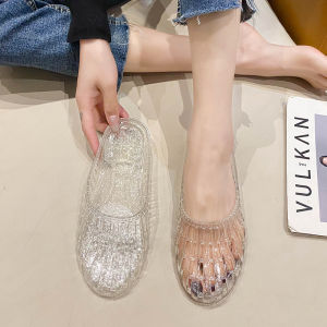 Free Shipping Flat-Heeled WomenS Mules With Closed Toe Transparent Crystal Jelly Hollowed-Out Non-Slip Plastic Outdoor Summer Sandals