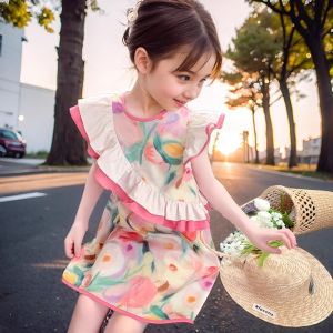 Girls Summer Dress 2025 New Western Style Childrens Flying Sleeve Vest Dress Girls Cotton Floral Princess Dress