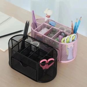 FOUNDTWO Iron Nine Storage Pen Holder Metal Mesh Black Stationery Organizer Multifunctional with Drawer Pencil Holder for Office