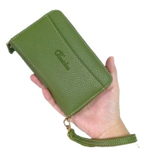 Zerinne Elegant Olive Green Leather Clutch with Gold Zipper and Wristlet Strap