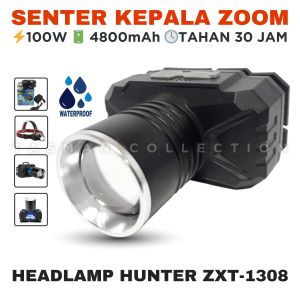 Senter Kepala Tahan 30Jam HEADLAMP LED HUNTER ZXT-1308 Body Tahan Air Waterproof Cahaya Putih & Kuning 100W Jarak Sorot 2500 Meter Baterai Cas USB Type C 4800mAh Tahan 30 Jam Laz COD Senter Kepala Zoom 100 Watt - TASMAN COLLECTION