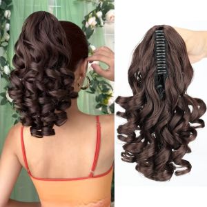 FUNG MALL Synthetic Short Wavy Curly Ponytail Hair Extensions Black Brown Pony Tail Hairpiece Hair Accessories Natural Claw Clip Ponytail Wig for Women