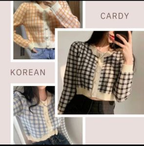 Sweater Rajut Wanita Lengan Panjang Modis Korea - Atasan Wanita Cardigan Crop Kotak-kotak