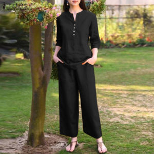 ZANZEA Womens Casual Loose Sets V-Neck 3/4 Sleeve Top Elastic Waist Straight Pants 2PCS Suits #15