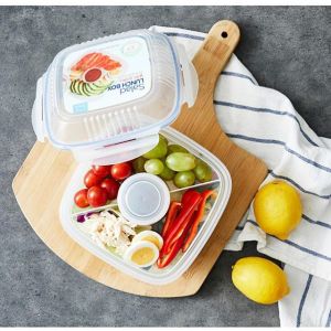 Hộp Đựng Salad Để Tủ Lạnh Có Khóa 4 Cạnh Kín Hơi Lock&Lock kèm khay nước sốt HSM8450T 1.6L