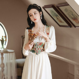 COD✅[Philippines stock]Fashionable Romantic Splice Retro Oil Painting Dress Square Neck Sweet Long Sleeve French Fairy Dress
