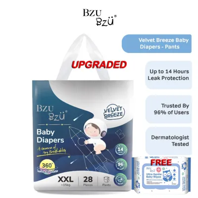 [ BUY 4 Pack FREE 15 Trial Pack ] BZU BZU Baby Diapers Velvet Breeze ( Tape ) ( Pants ) + FREE Wipes 80s