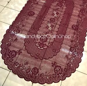 Taplak Meja Makan 8 Kursi Oval MAROON uk 150 x 270 cm Bahan Kain Polyester Corak Bunga Mahkota