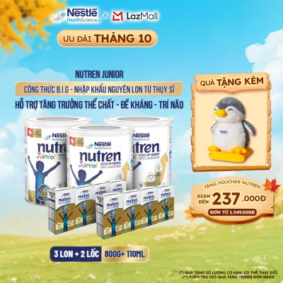 Bộ 3 Sữa Bột Dinh Dưỡng Y Học NESTLÉ NUTREN JUNIOR Xuất Xứ Thụy Sĩ Công Thức BIG Hỗ Trợ Tăng Trưởng Thể ChấtTrí NãoĐề Kháng Cho Bé 800G + 2 Lốc Sữa pha sẵn 110ML/hộp