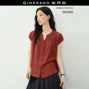 GIORDANO Women Blouses Smocked Notch Neck Textured Blouses Cap Sleeve Loose Fit Fashionable Casual Blouses 18346218