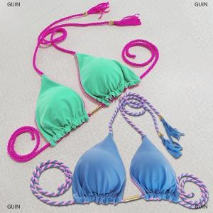 💝【Low price】💝GUIN บิกินีสองชิ้นสายคล้องคอสีตัดกันสุดเซ็กซี่ชุดว่ายน้ำผูกเชือกสำหรับผู้หญิงทันสมัยชุดชายหาดสำหรับฤดูร้อน