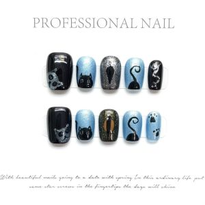100% HANDMADE Artificial Nail Short coffin shape Summer Starry Sky Light Blue Crystal Cat eye Horror Cat Phototpy Nails Fake Nails Reusable and Removable Nails with Toolkit
