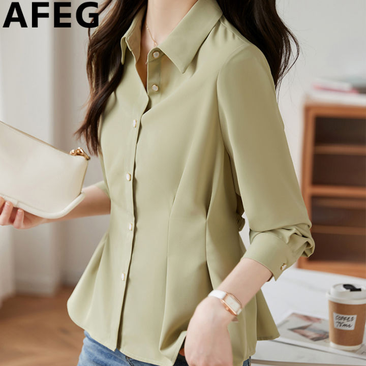 AFEG เสื้อฉบับภาษาเกาหลีสีทึบ,เสื้อแฟชั่นคอปกแขนยาวย้อนยุค | Lazada.co.th