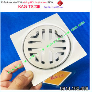 Thoát sàn Viva KAG-TS239 inox 304 Kích thước 12x12cm D90 Phễu thoát nước nhà tắm chống hôi SUS304 siêu bền MẪU MỚI sọc V