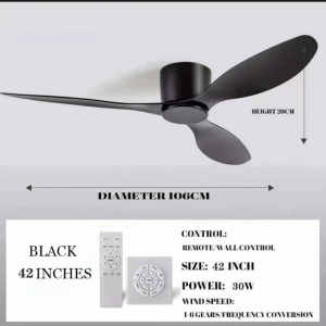 42\52inch  Modern Black Ceiling Fan with LED Light  6-Speed Silent DC Motor 3 Blades Remote Control for Living Room/Bedroom/Kitchen (Copper Motor 3-Color Dimmable DC Inverter)