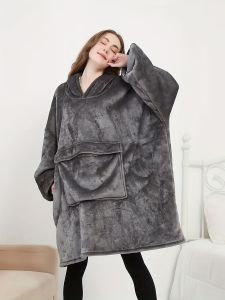 Autumn and Winter Plus Size Thickened Womens Pajamas Robe Flannel Vertical Pocket hoodie blanket Lazy Blanket