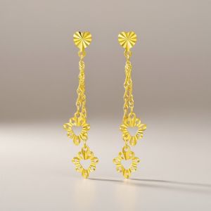 916 Gold Dangle Earrings with Flower Charms | Emas 916 Subang Gantung Bunga | Gold Drop Earrings-2.12g