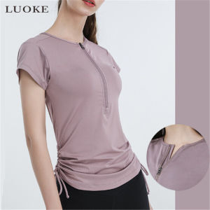 Luoke Half Zipper Drawstring Short Sleeve T-shirt Womens Yoga Top Slim Speed Running Fitness Clothes Women