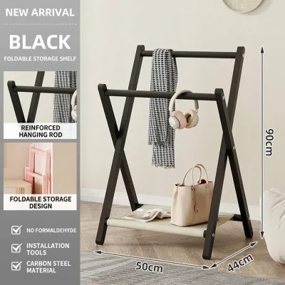 SPACEMADER Foldable Clothes Rack Carbon Steel Garment Rack Bedroom Storage Organizer with Double Hanging Bars Shoe Shelf Space Saving Clothes Hanger Stand