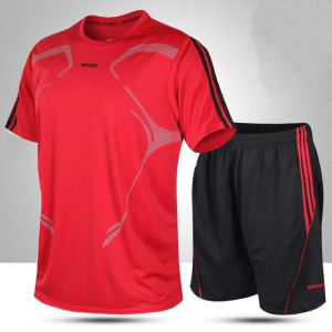 ชุดกีฬาผู้ชายเสื้อผ้าแห้งเร็ววิ่งออกกําลังกายที่เดินทางมาพักผ่อนชุดกีฬาไขมันหลวม แขนสั้น + กางเกงขาสั้นขนาดบวก