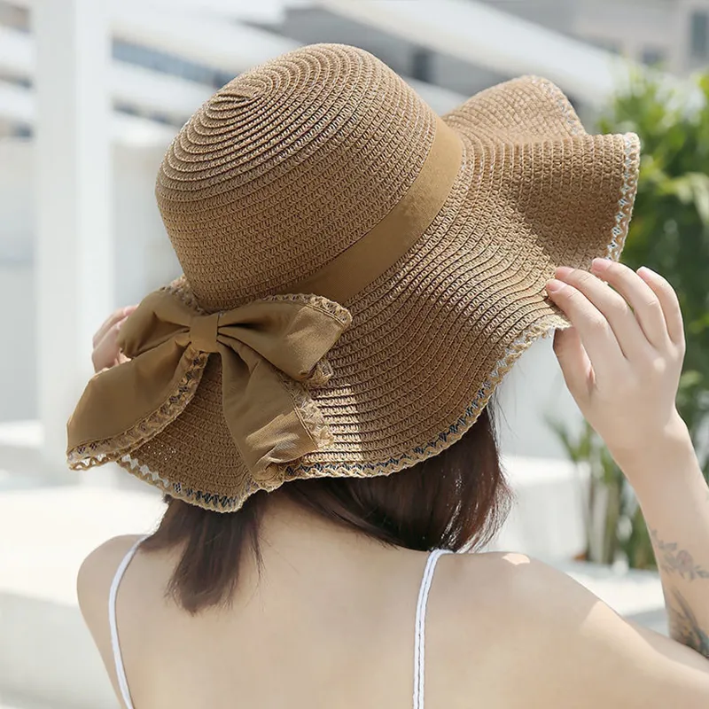 Summer Sun Hat for Women Wide Wave Brim Big Bow Straw Hat Big Size