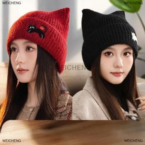 [COD] WEICHENG Cat Ear Beanies Skullies Women Winter Warm Plush Cartoon Thermal Cap Korean Girl Outdoor Snow Pullover Hats