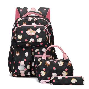 (SG Seller) 3 Pcs Set Japanese Style Cartoon Printed Primary School Backpack School Bag Set with Lunch Box Pencil case Girls Nylon Backpack Waterproof Three-piece Book Bag Kids Schoolbag
