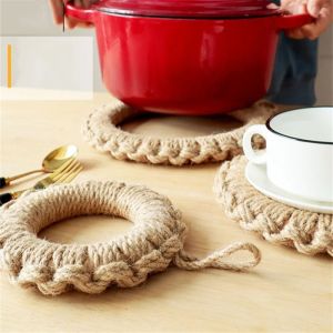 HUYAN Round Jute Woven Pot Pad Heat Proof Heat Insulated Pan Place-mat Coaster Hemp Rope Pot Holders Household