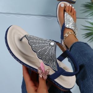 [Free Shipping] New Summer Womens Sandals with Glass Rhinestones Woven Design Large Size Wedge Heel Flip-Flop Sandals for Women