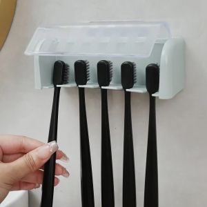 RBJ4 Self-adhesive 5 Slots Toothbrush Holder Wall Mounted Plastic Electric Toothbrush Holder Waterproof Space Saving Toothbrush Rack for Bathroom