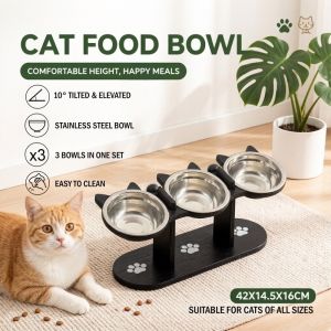 Elevated Cat Food Bowl Wooden Support Frame Stainless Steel Cats Bowls 15° Stand Sloped Feeding