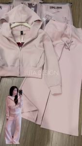 Set Bộ Nỉ Hồng [Gồm Áo Khoác Ngắn Có Mũ  Chun Eo Và Quần Dài Ống Suông Loa Nhẹ] HOT WG.WE