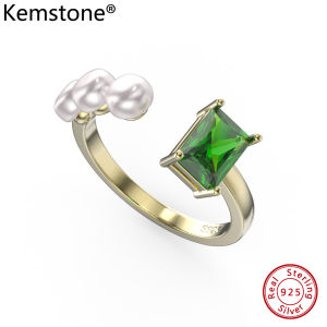 Kemstone S925 Sterling Silver Natural Freshwater Pearls Ring 14K Gold Plated Green 4A Zircon Silver Open Ring for Womens Jewelry Gift