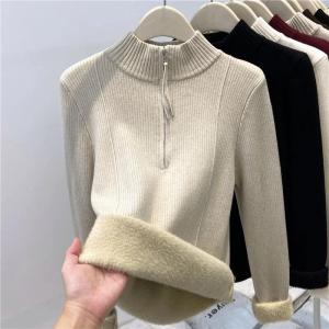 Zipper Half Turtleneck Sweater with Fleece Lining Thickened Knitted Base Shirt for Women Autumn and Winter Warm Inner Wear