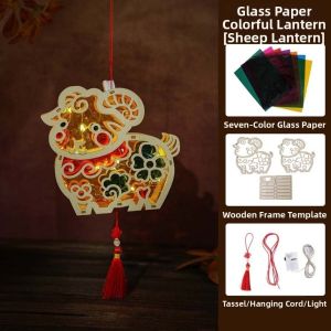 DYJKOUG LED Luminous Wooden Lantern Handmade Craft Traditional Style Cellophane Art Handheld Lamp Chinese Lantern Hanging Tassel Festival Decoration Mid Autumn