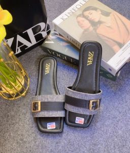 PROMO SANDAL SELOP FLAT ZARA DENIM GESPER KEKINIAN KOREAN STYLE KODE A20B TERBARU