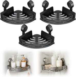 Kruggo Triangle Suction Cup Corner Shelves No Drilling Bathroom Storage Rack 2026 Upgraded Shower Caddy Suction Cup Shower Shelf with Removable Hook No Drilling (Black Double-Layer)