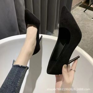 Free Shipping Large Size Suede Black Work Shoes Size 42 Suitable For Spring And Autumn Professional Style Pointed Toe New High-Heeled Shoes For Women