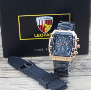 Jam tangan Pria Leopard 8018M tali rantai analog free tali karet tanggal aktif chronograp off original